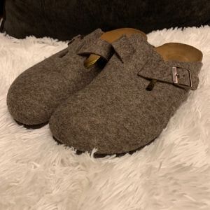 Brown Felt Birkenstock Clogs/Mules
